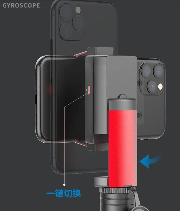 Black aluminium phone tripod with extended legs and a smartphone mounted in the clamp