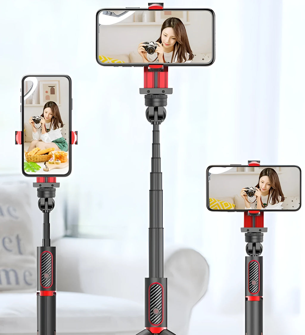 Black aluminium phone tripod with extended legs and a smartphone mounted in the clamp