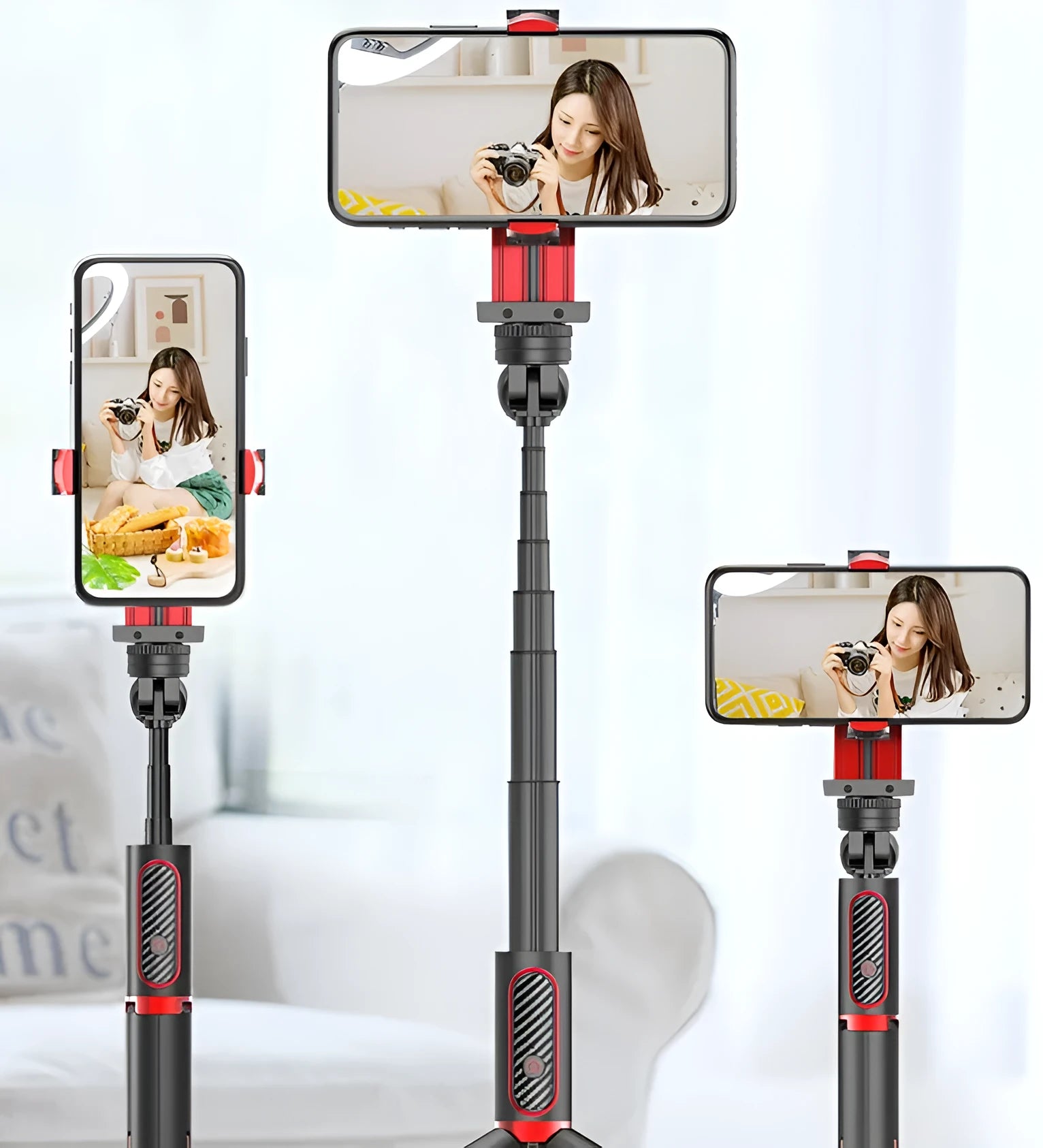Black aluminium phone tripod with extended legs and a smartphone mounted in the clamp