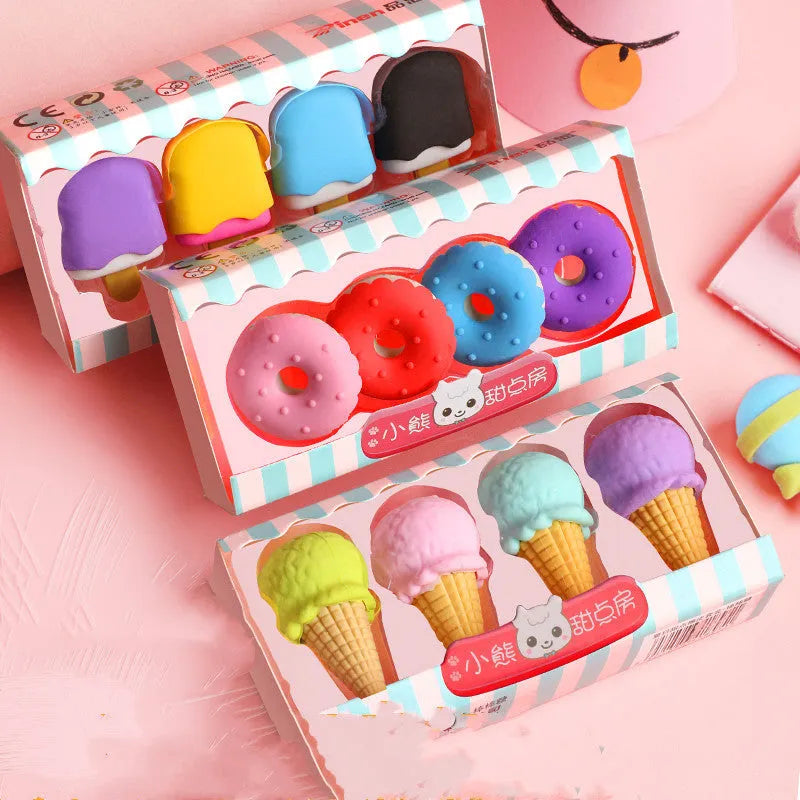 Cartoon eraser gift set with ice cream, doughnut and lollipop shapes for kindergarten children