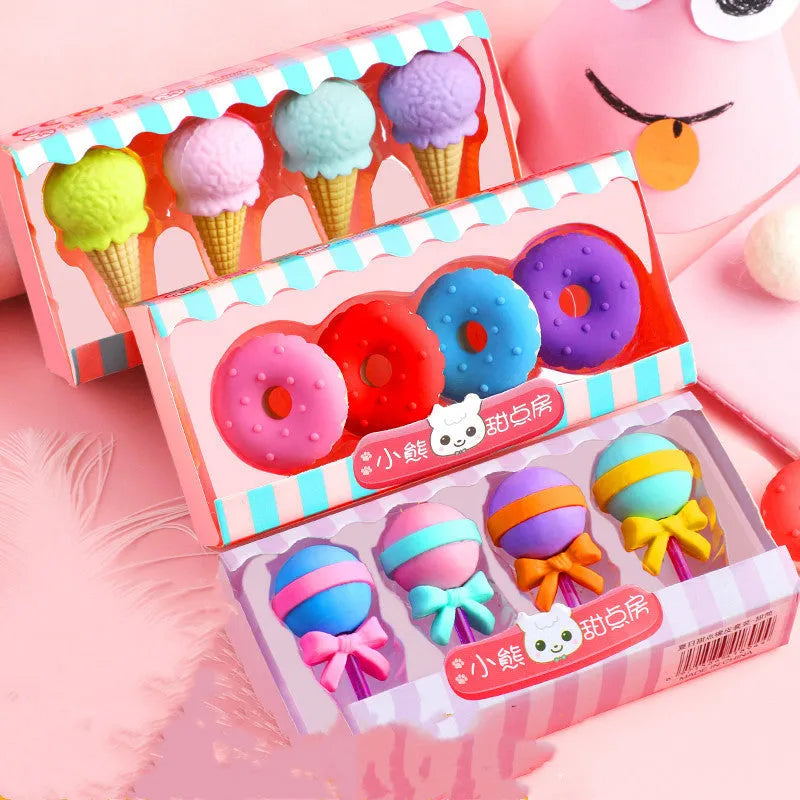 Cartoon eraser gift set with ice cream, doughnut and lollipop shapes for kindergarten children