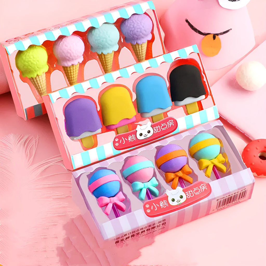 Cartoon eraser gift set with ice cream, doughnut and lollipop shapes for kindergarten children