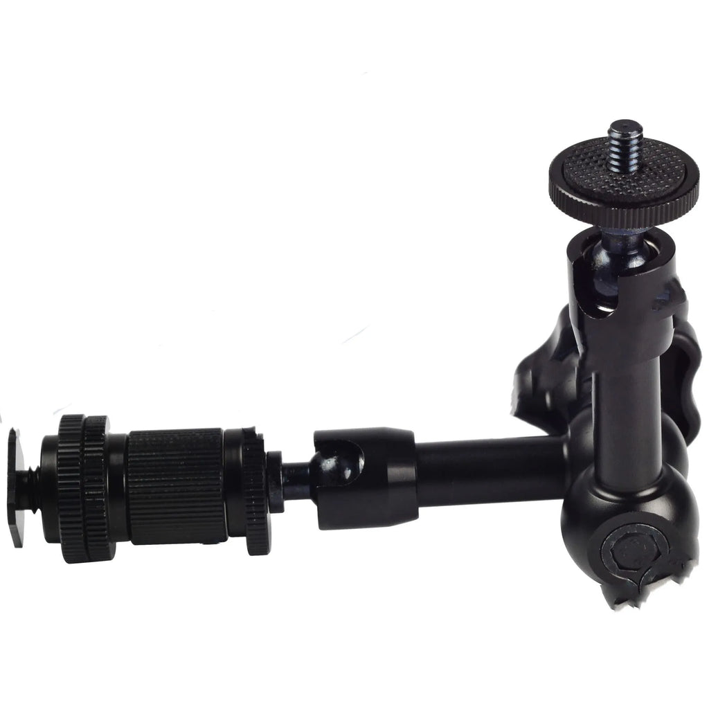 Black 7-inch metal magic friction articulating arm for DSLR cameras with ball heads and mounts
