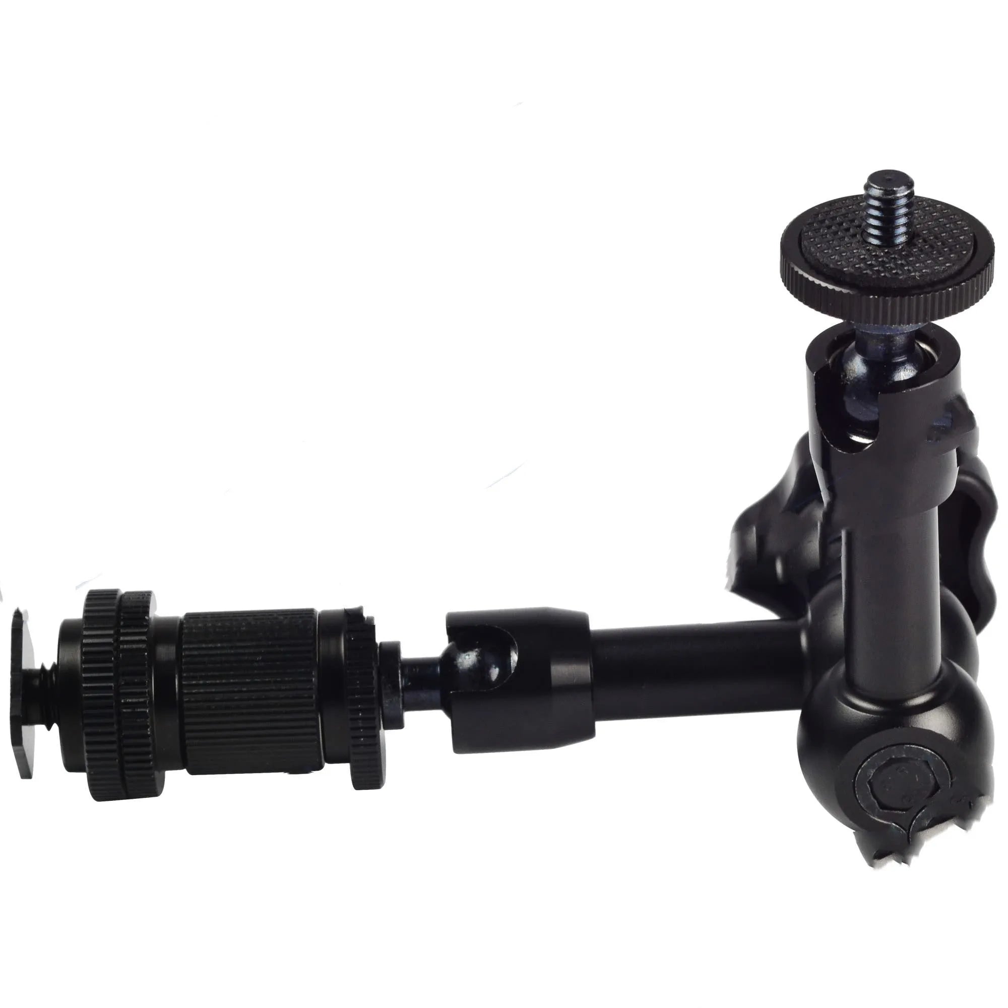 Black 7-inch metal magic friction articulating arm for DSLR cameras with ball heads and mounts