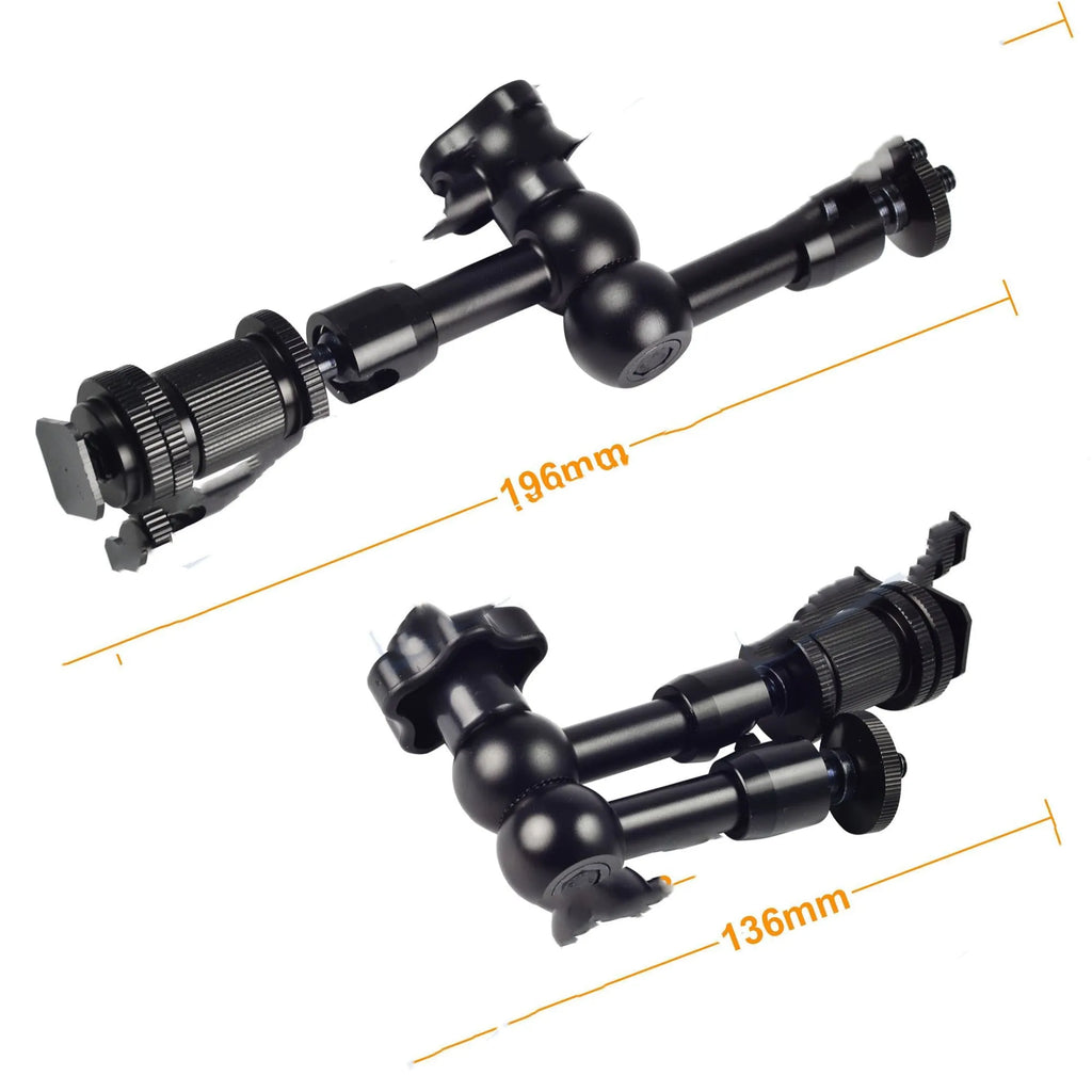 Black 7-inch metal magic friction articulating arm for DSLR cameras with ball heads and mounts