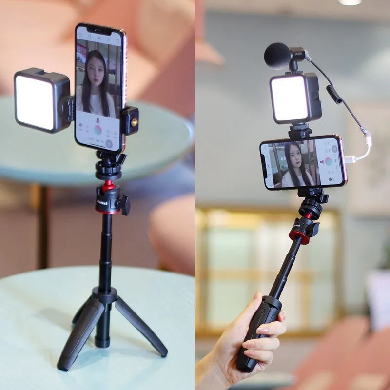 Mobile phone vlog selfie stick set with adjustable fill light bracket and phone stand.