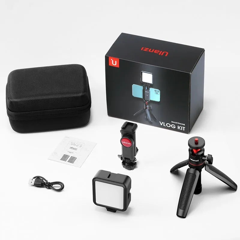 Mobile phone vlog selfie stick set with adjustable fill light bracket and phone stand.