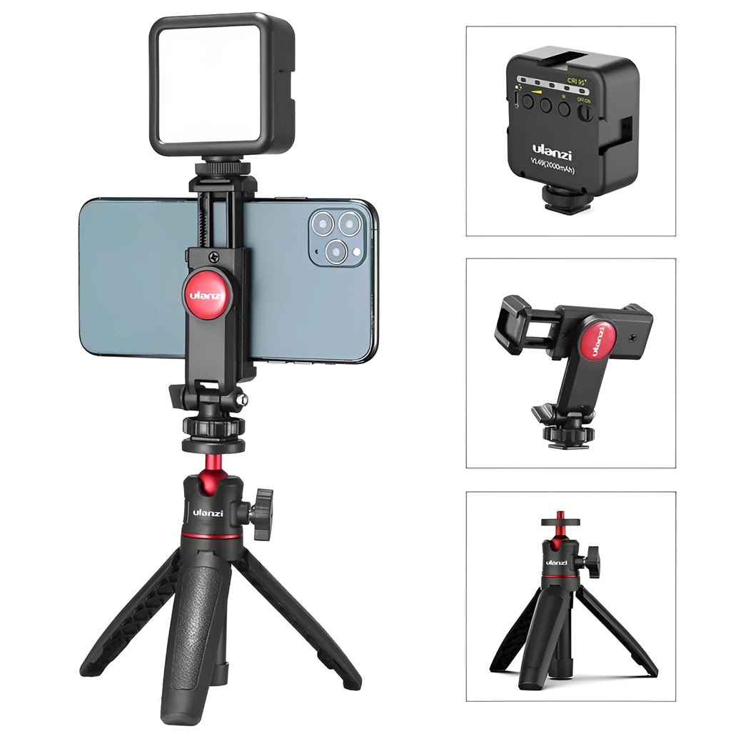 Mobile phone vlog selfie stick set with adjustable fill light bracket and phone stand.