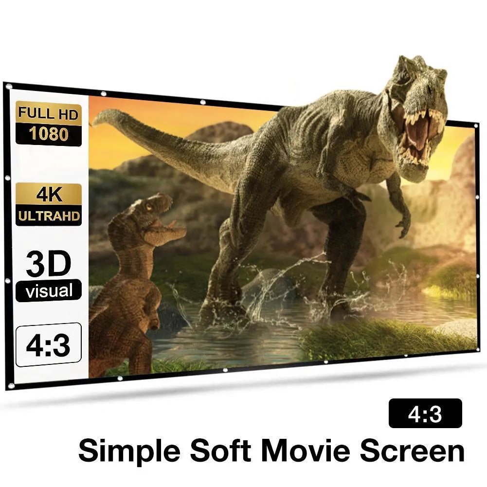White polyester folding projection screen showing 150-inch size and 4:3 aspect ratio