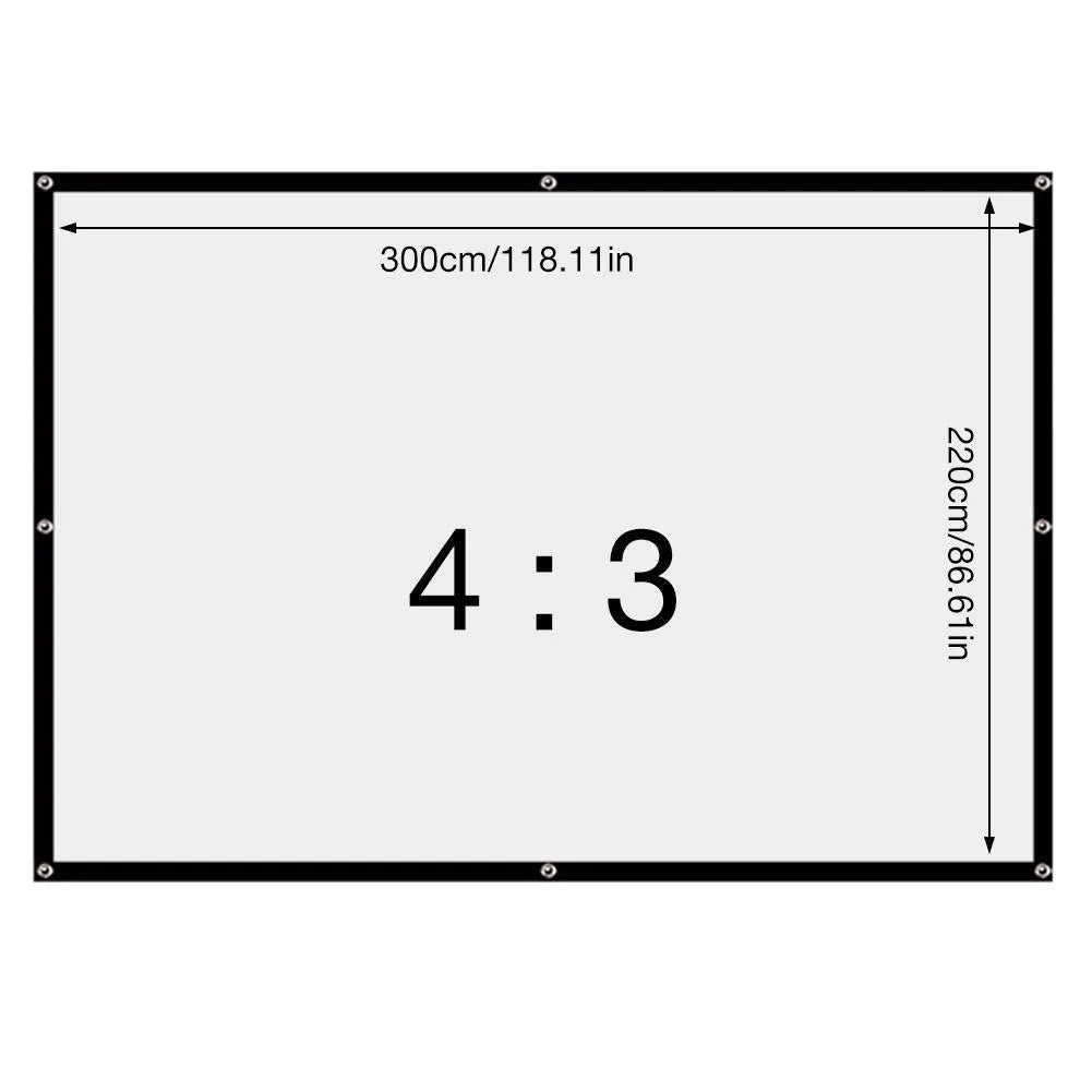 White polyester folding projection screen showing 150-inch size and 4:3 aspect ratio