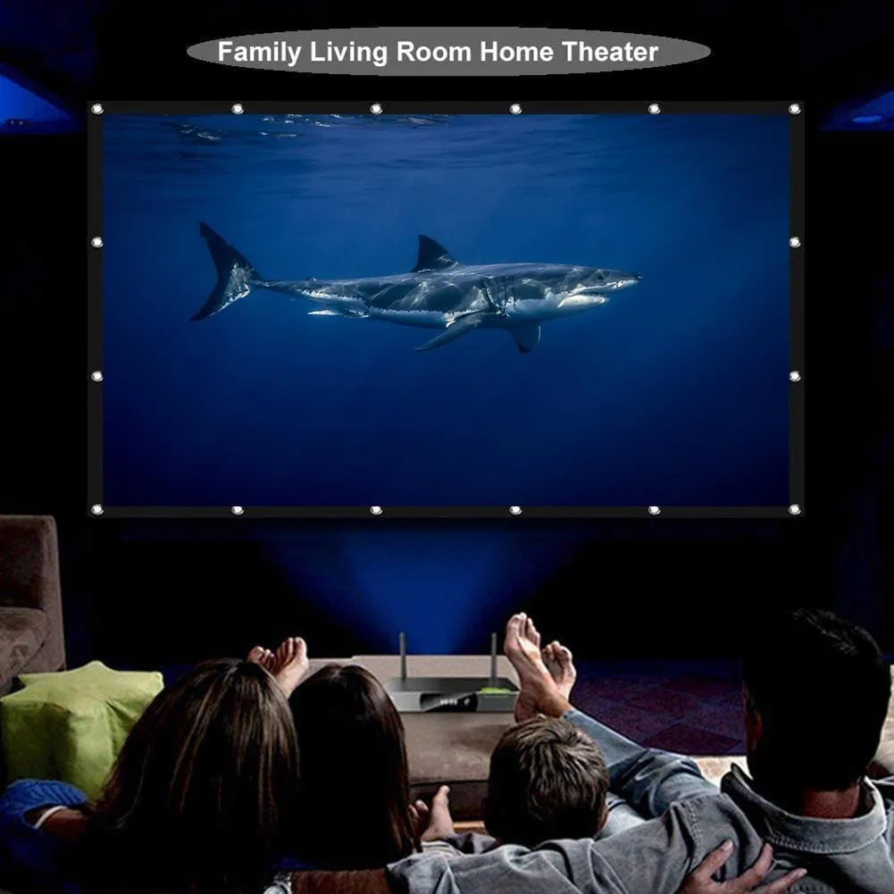 White polyester folding projection screen showing 150-inch size and 4:3 aspect ratio