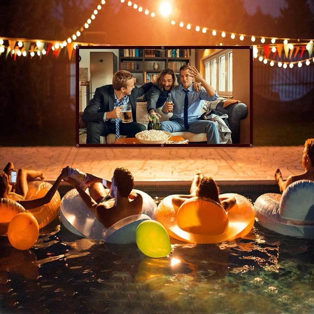 White polyester folding projection screen showing 150-inch size and 4:3 aspect ratio