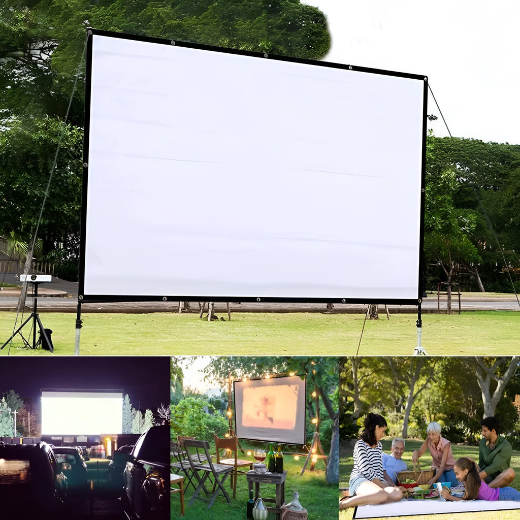 White polyester folding projection screen showing 150-inch size and 4:3 aspect ratio