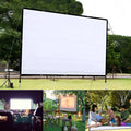 White polyester folding projection screen showing 150-inch size and 4:3 aspect ratio