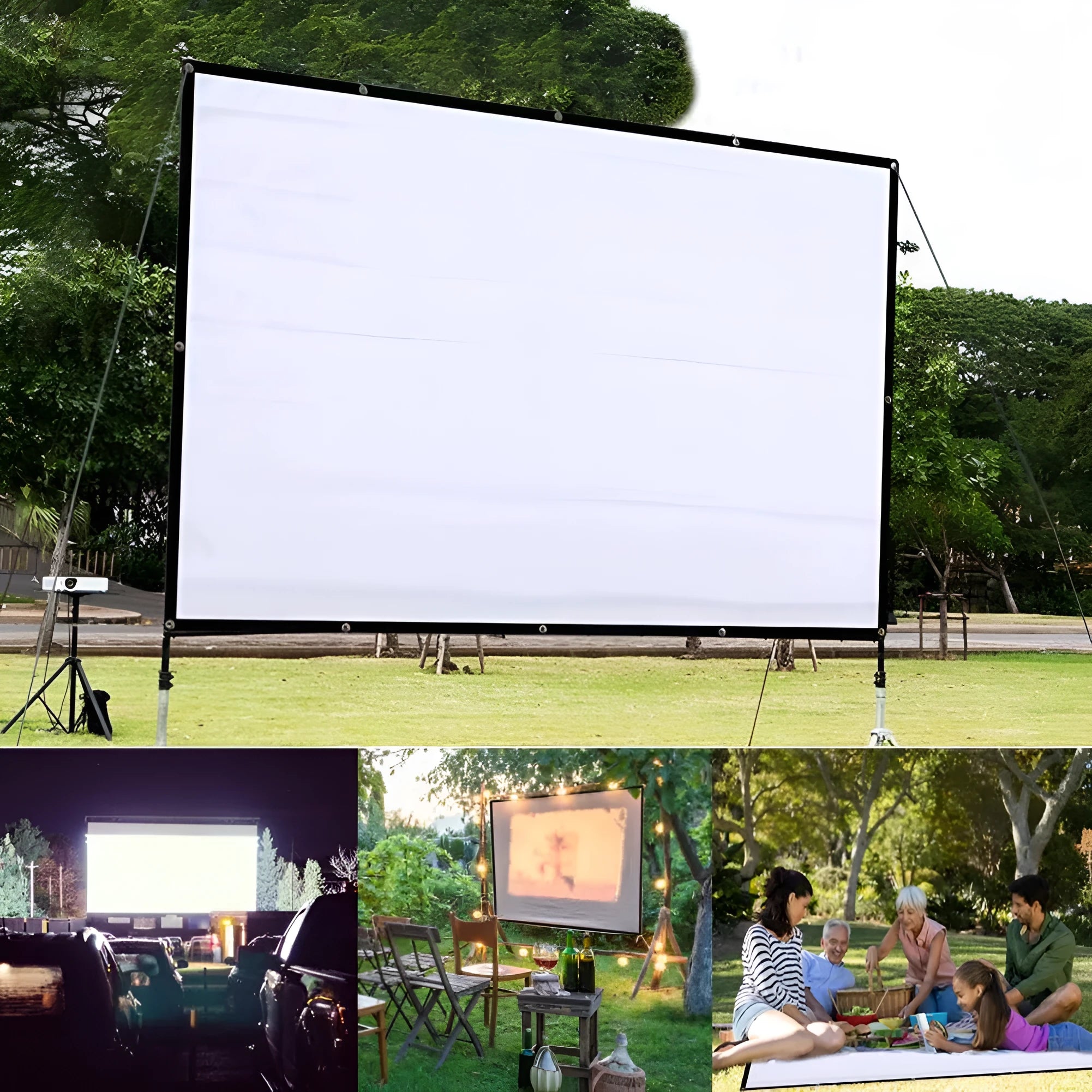 White polyester folding projection screen showing 150-inch size and 4:3 aspect ratio