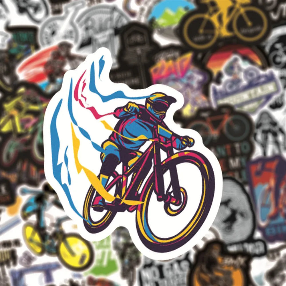 Pack of 50 bicycle and mountain bike themed doodle stickers for customising sports equipment and home items.