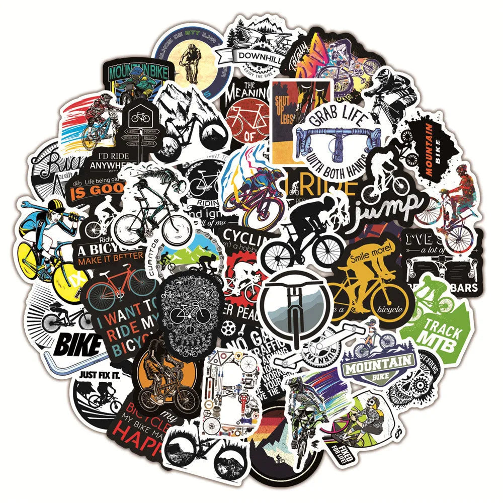 Pack of 50 bicycle and mountain bike themed doodle stickers for customising sports equipment and home items.