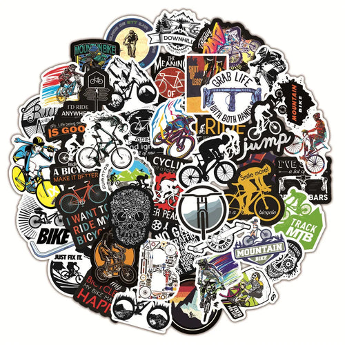 Pack of 50 bicycle and mountain bike themed doodle stickers for customising sports equipment and home items.