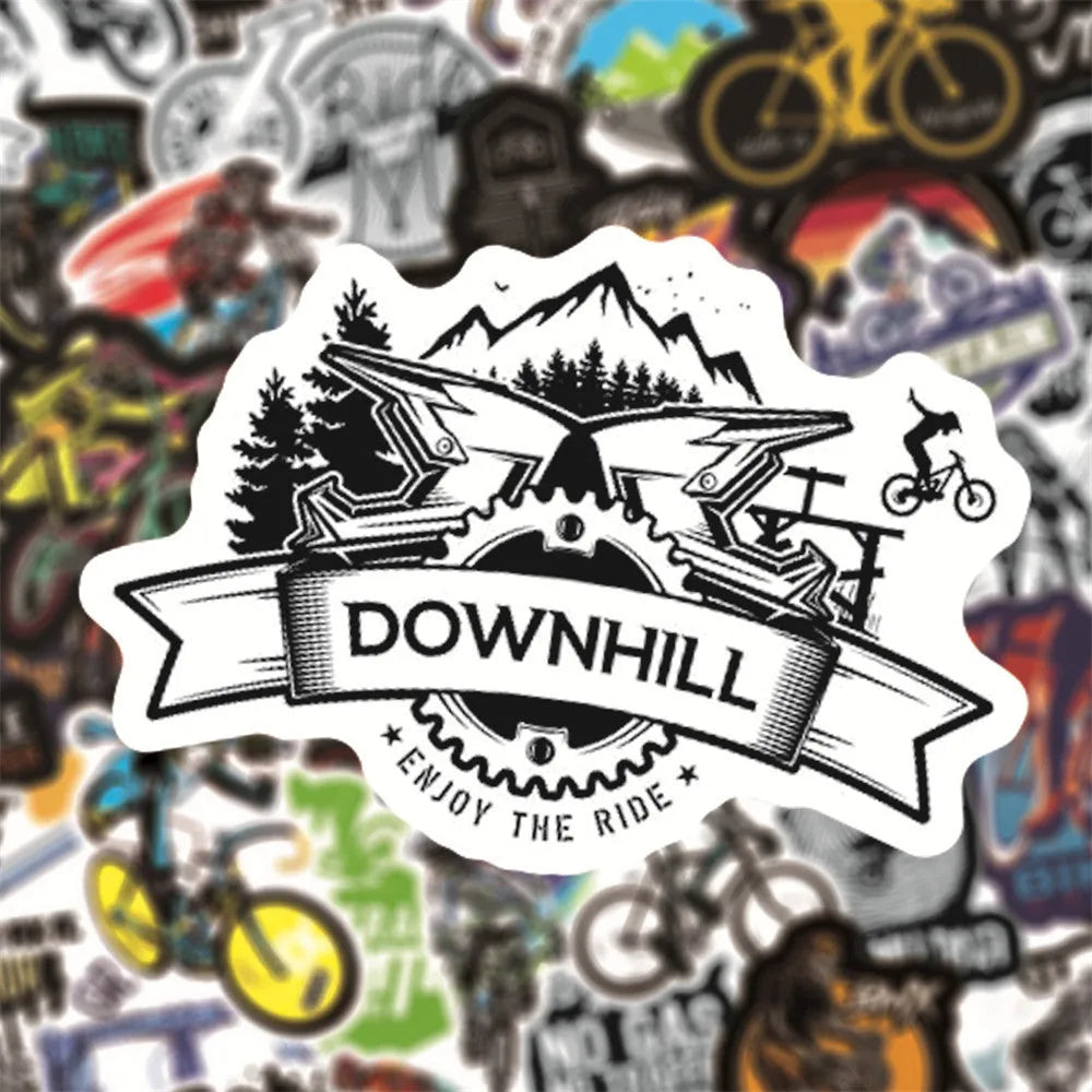 Pack of 50 bicycle and mountain bike themed doodle stickers for customising sports equipment and home items.