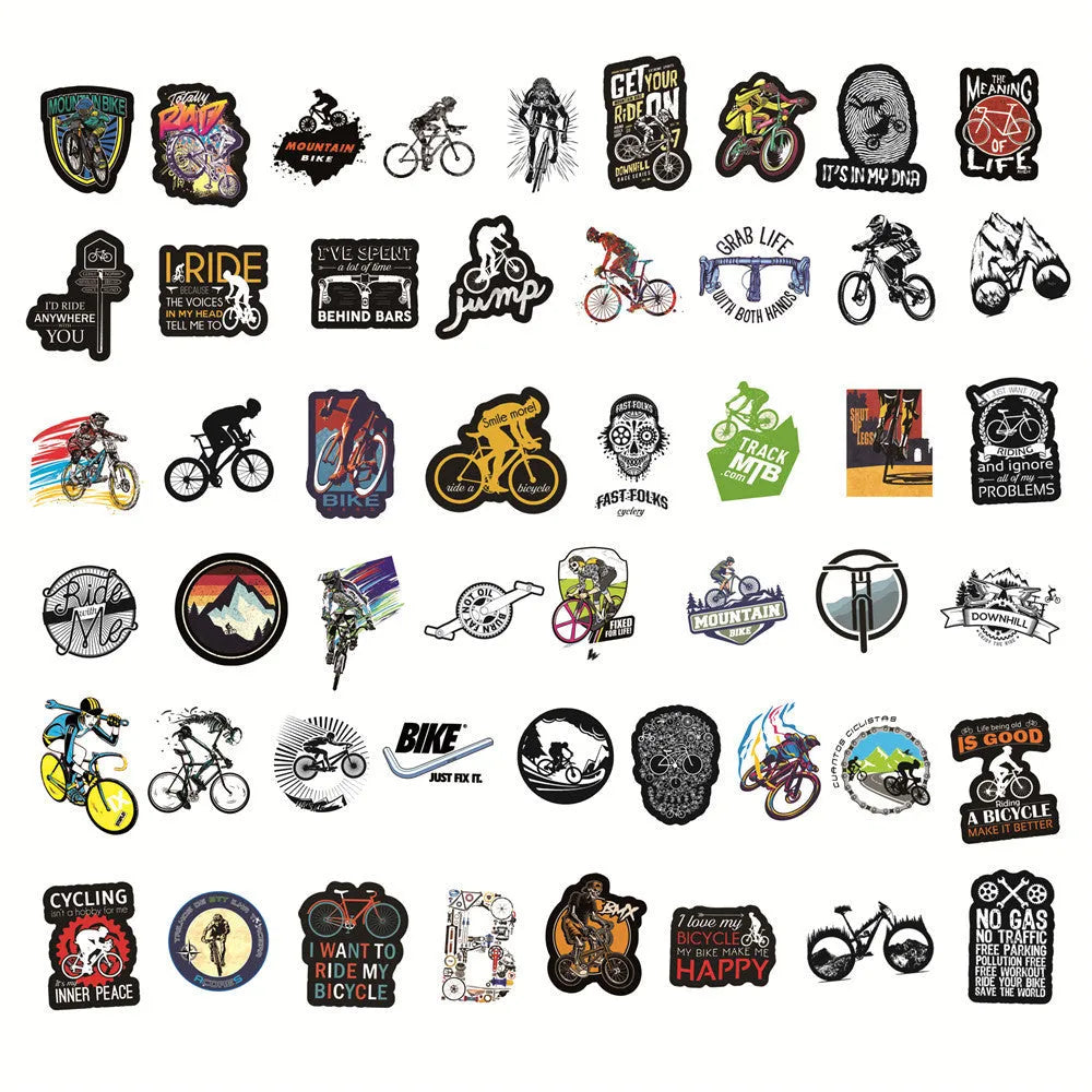 Pack of 50 bicycle and mountain bike themed doodle stickers for customising sports equipment and home items.