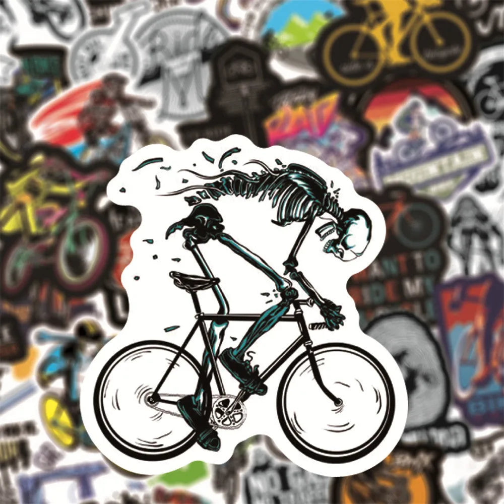 Pack of 50 bicycle and mountain bike themed doodle stickers for customising sports equipment and home items.