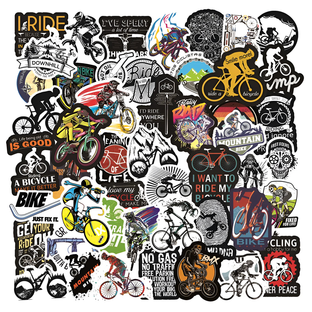 Pack of 50 bicycle and mountain bike themed doodle stickers for customising sports equipment and home items.
