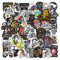 Pack of 50 bicycle and mountain bike themed doodle stickers for customising sports equipment and home items.