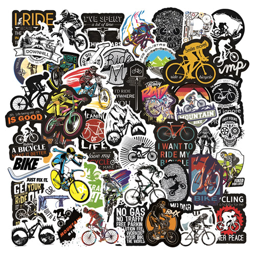 Pack of 50 bicycle and mountain bike themed doodle stickers for customising sports equipment and home items.