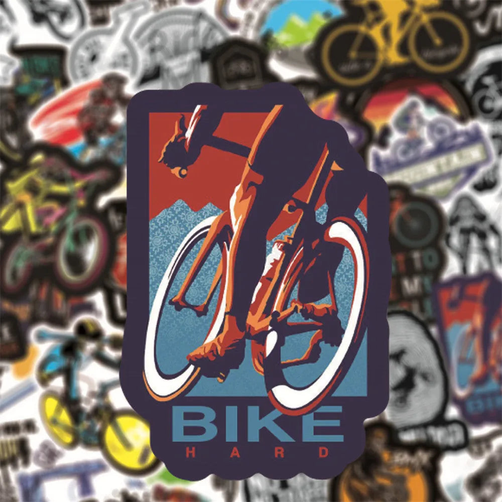 Pack of 50 bicycle and mountain bike themed doodle stickers for customising sports equipment and home items.