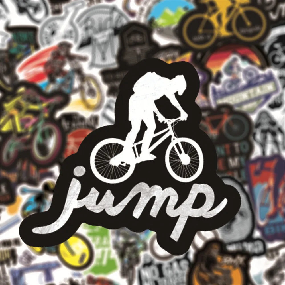 Pack of 50 bicycle and mountain bike themed doodle stickers for customising sports equipment and home items.