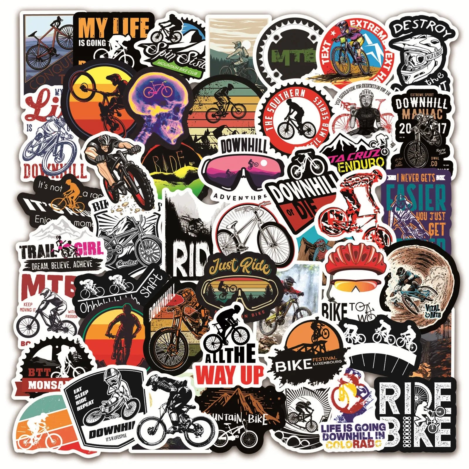 Pack of 50 bicycle and mountain bike themed doodle stickers for customising sports equipment and home items.