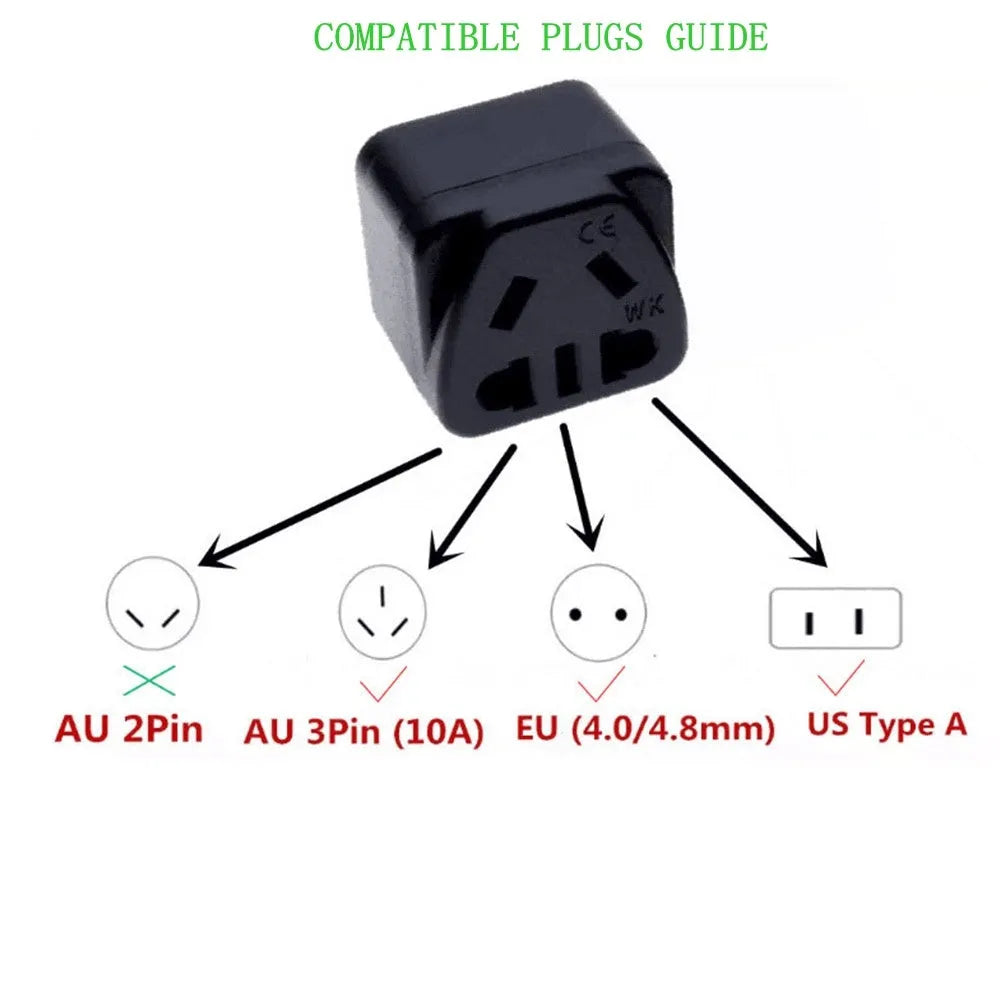 White international travel power adapter with UK three-pin plug and five sockets for 2-pin plugs.