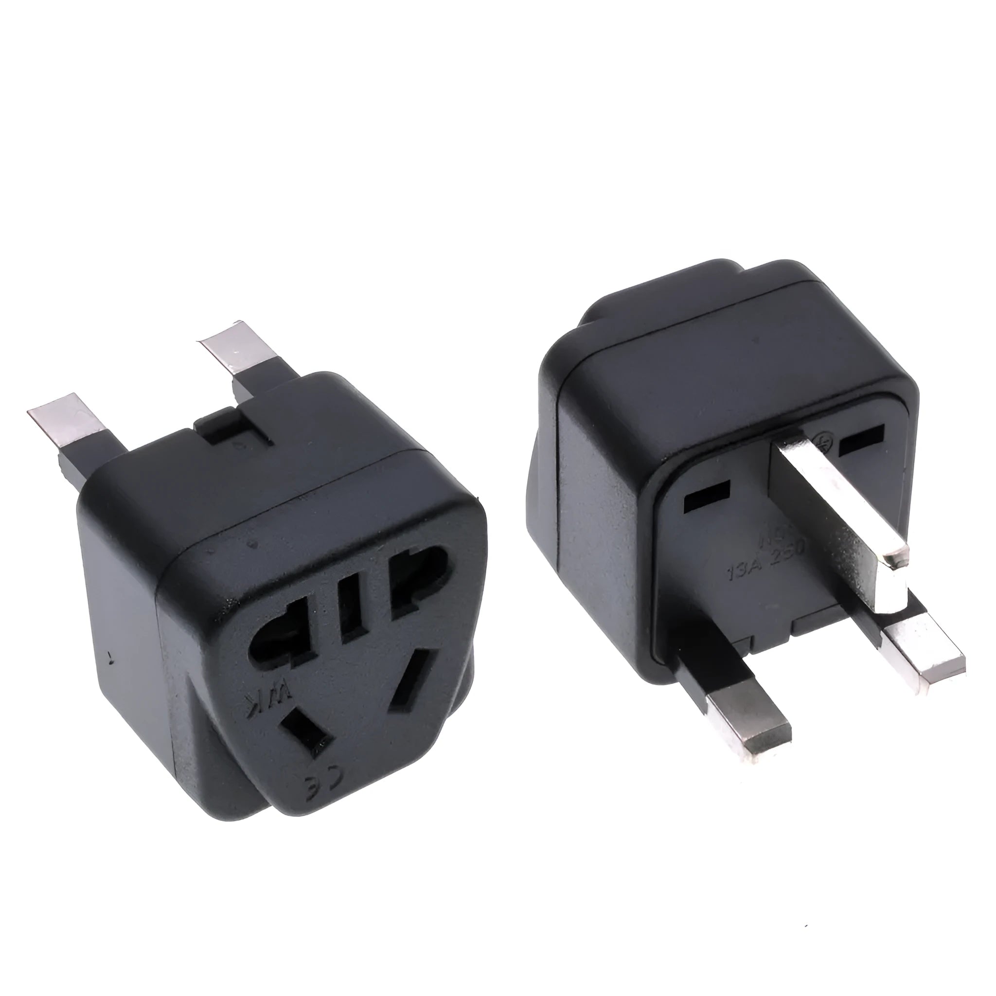 White international travel power adapter with UK three-pin plug and five sockets for 2-pin plugs.