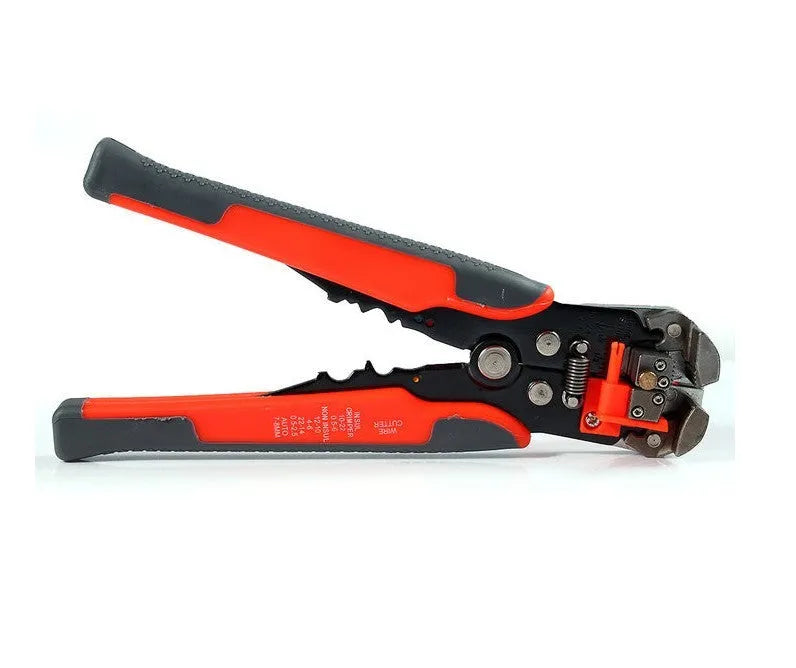 Yellow handheld 3-in-1 automatic wire stripper, crimper, and cutter tool with adjustment screw.