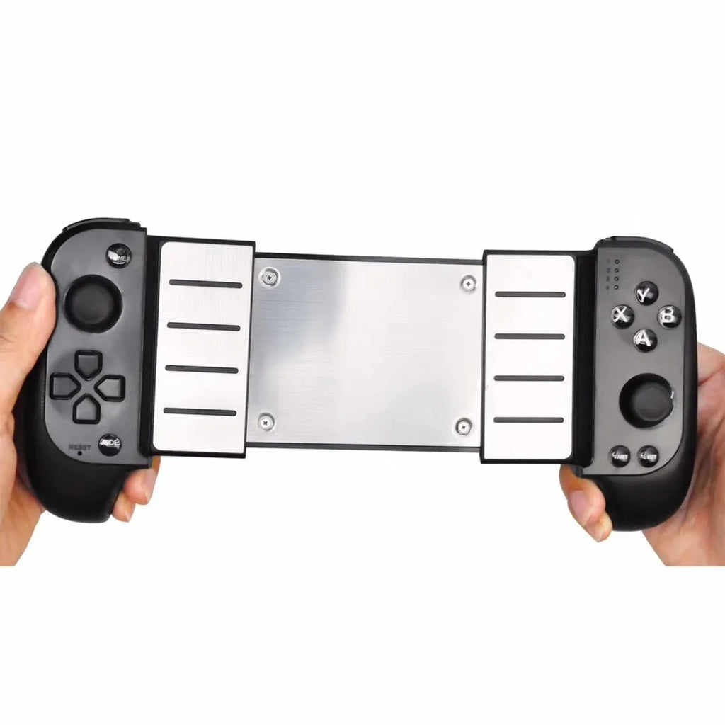 Wireless Bluetooth game controller with telescopic phone mount extended holding a mobile phone