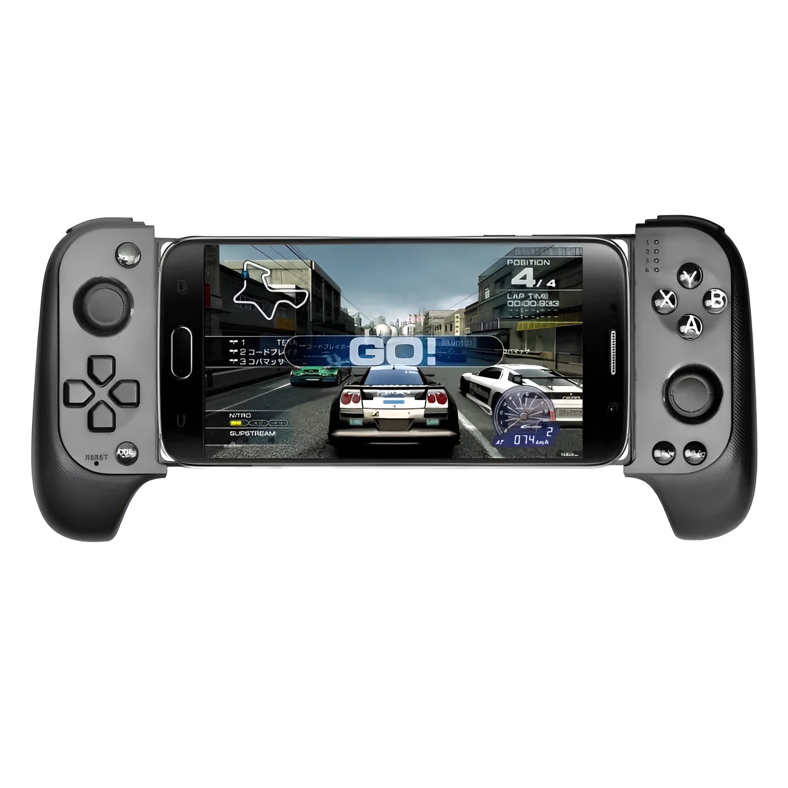 Wireless Bluetooth game controller with telescopic phone mount extended holding a mobile phone