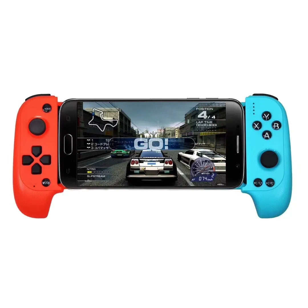 Wireless Bluetooth game controller with telescopic phone mount extended holding a mobile phone