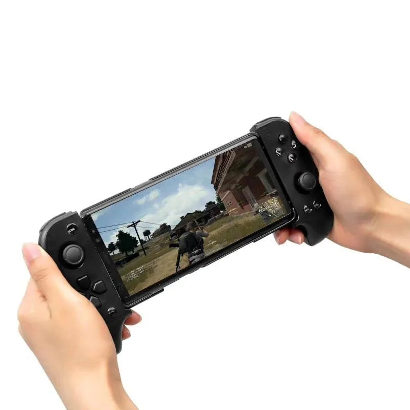 Wireless Bluetooth game controller with telescopic phone mount extended holding a mobile phone