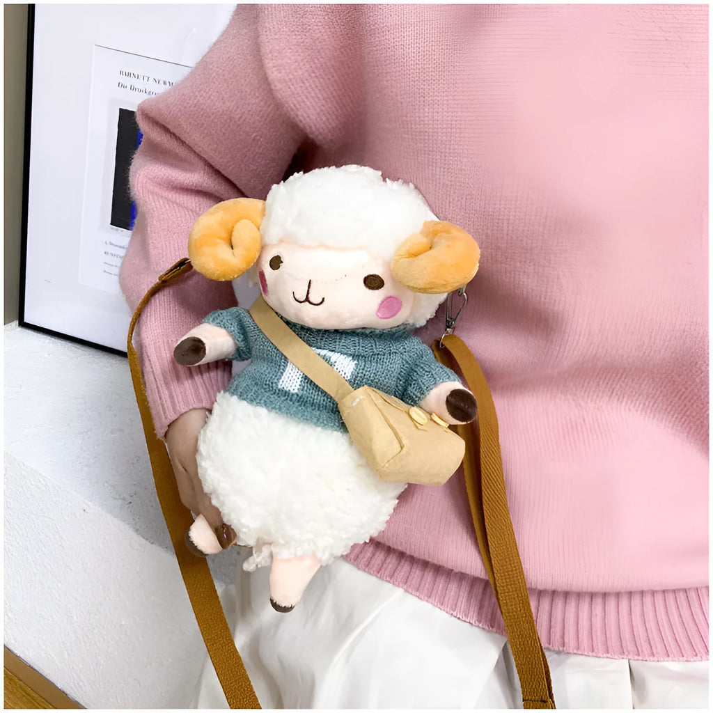 Little Sheep women's plush crossbody messenger bag with lamb pattern and zipper pocket
