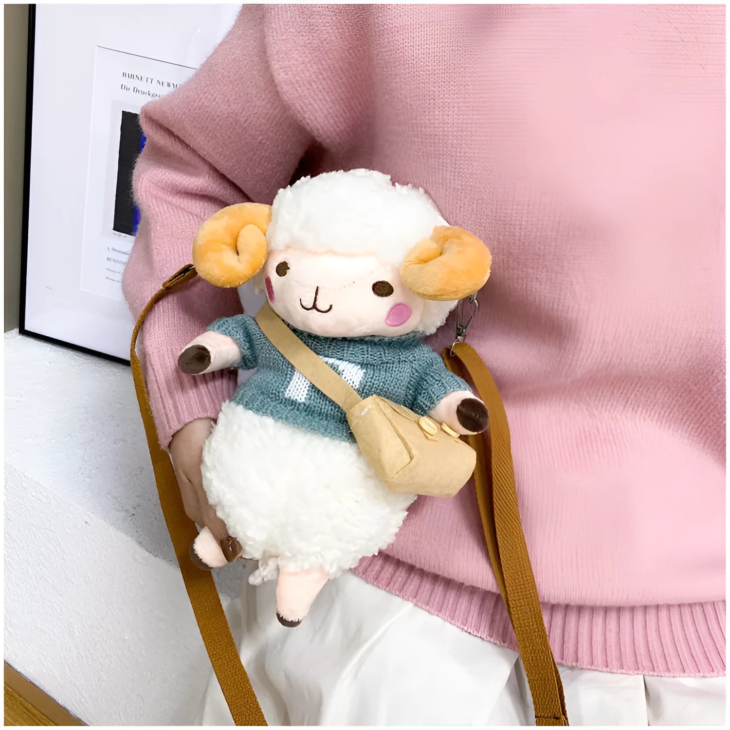 Little Sheep women's plush crossbody messenger bag with lamb pattern and zipper pocket