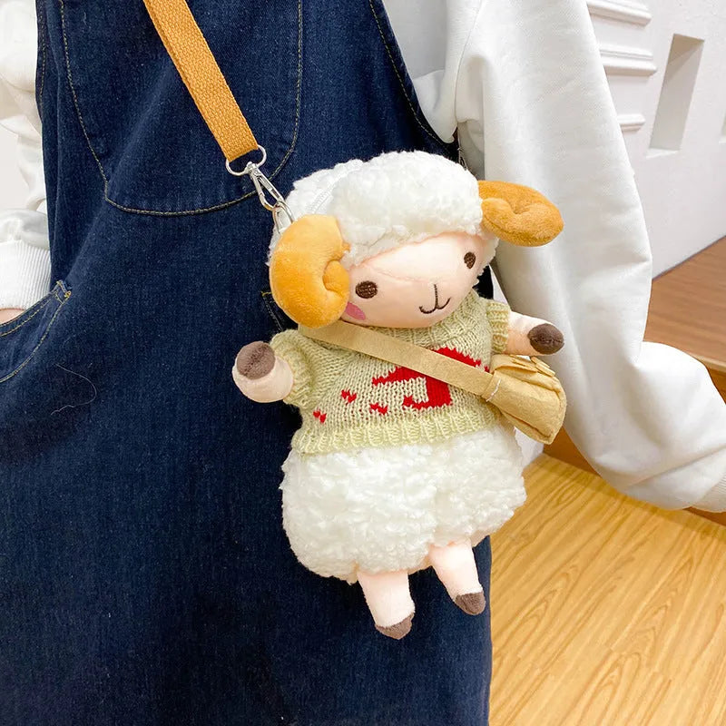 Little Sheep women's plush crossbody messenger bag with lamb pattern and zipper pocket