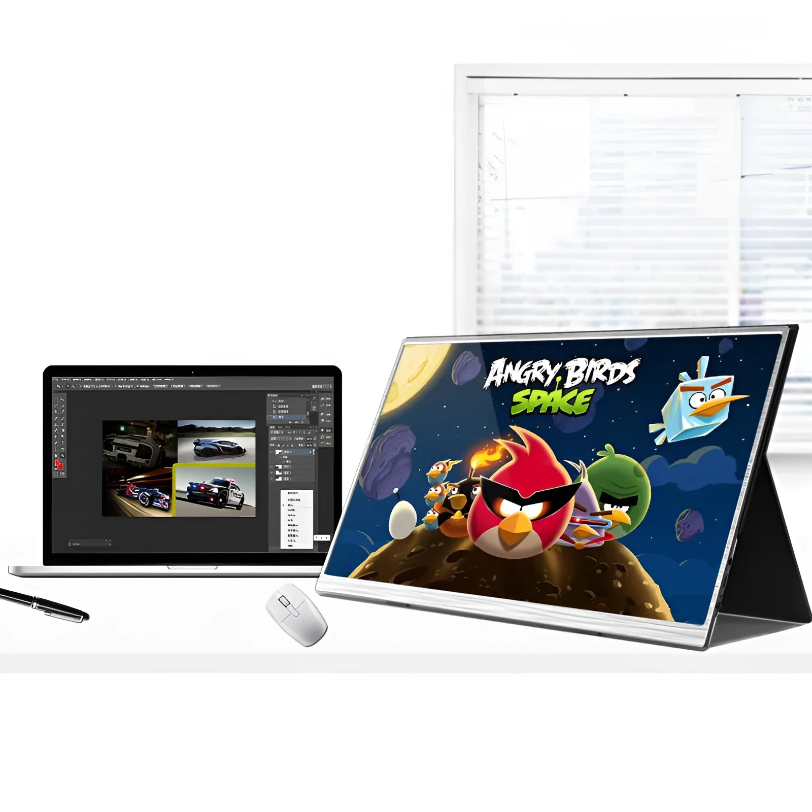 Zeuslap 15-inch ultra-thin portable monitor with HDMI cable on a desk.