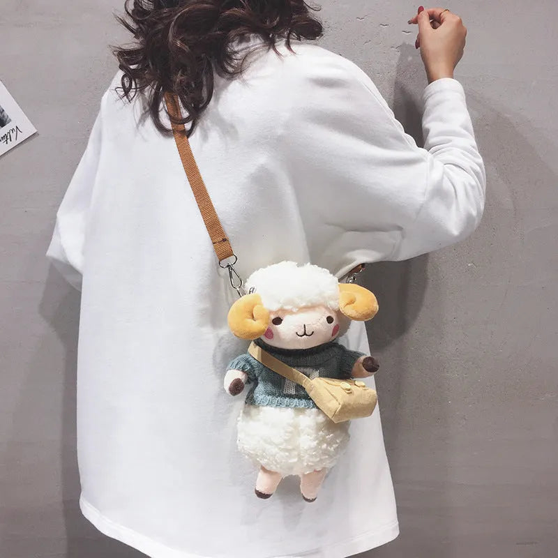 Little Sheep women's plush crossbody messenger bag with lamb pattern and zipper pocket