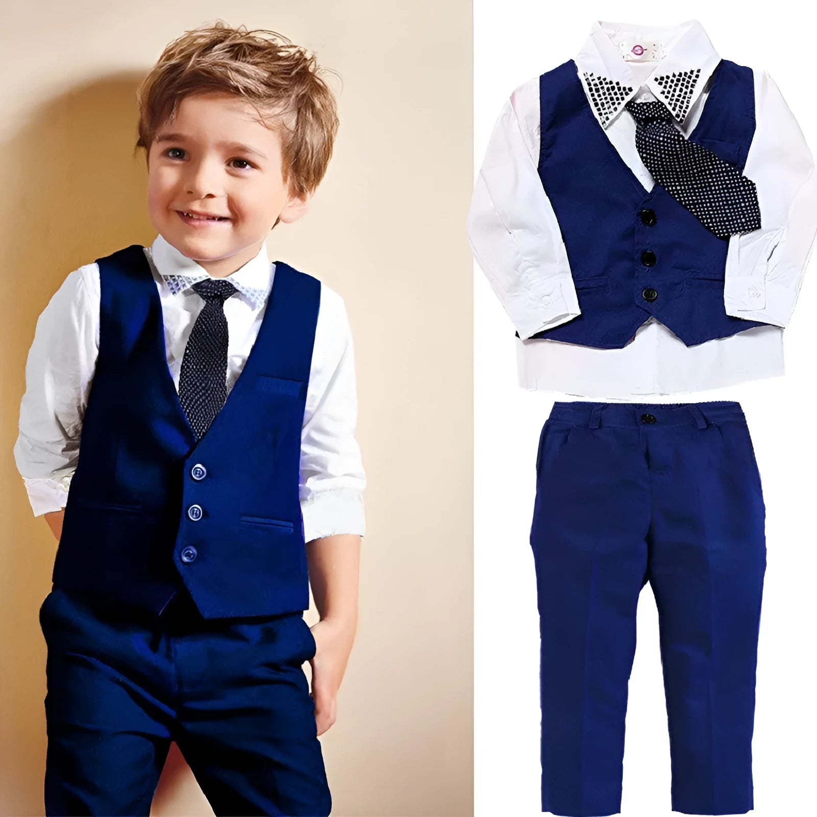 Boys' blue casual suit set with vest, turtleneck, tie and trousers for spring and autumn wear