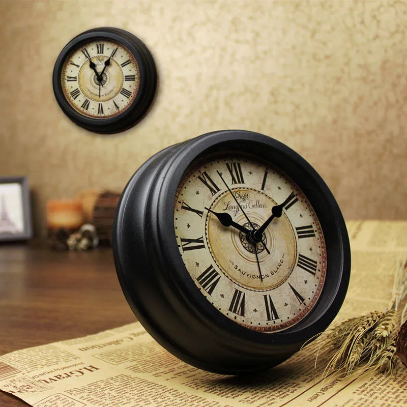 European retro style desk alarm clock with round dial and silent sweep movement