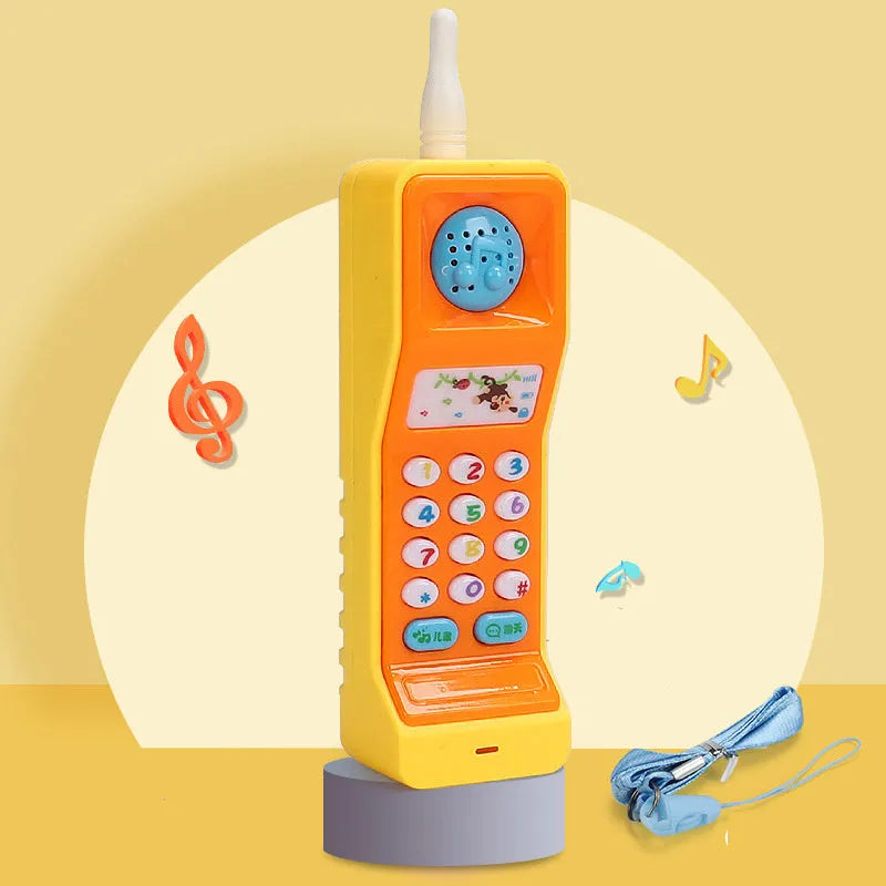 Pink, blue, green, and orange baby electronic phone toy with colourful buttons.