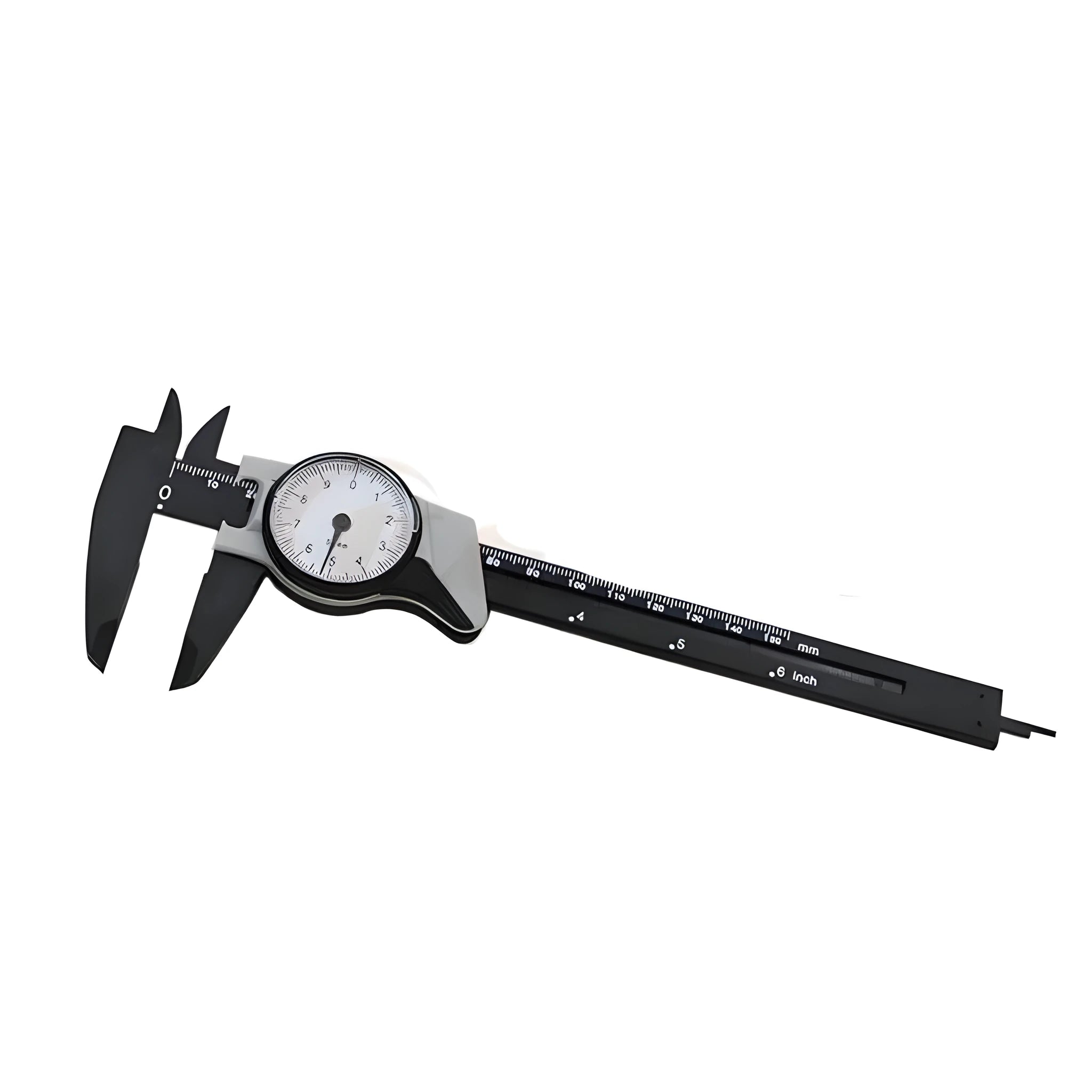 Plastic vernier caliper measuring tool showing 0-150mm range with black straightedge design