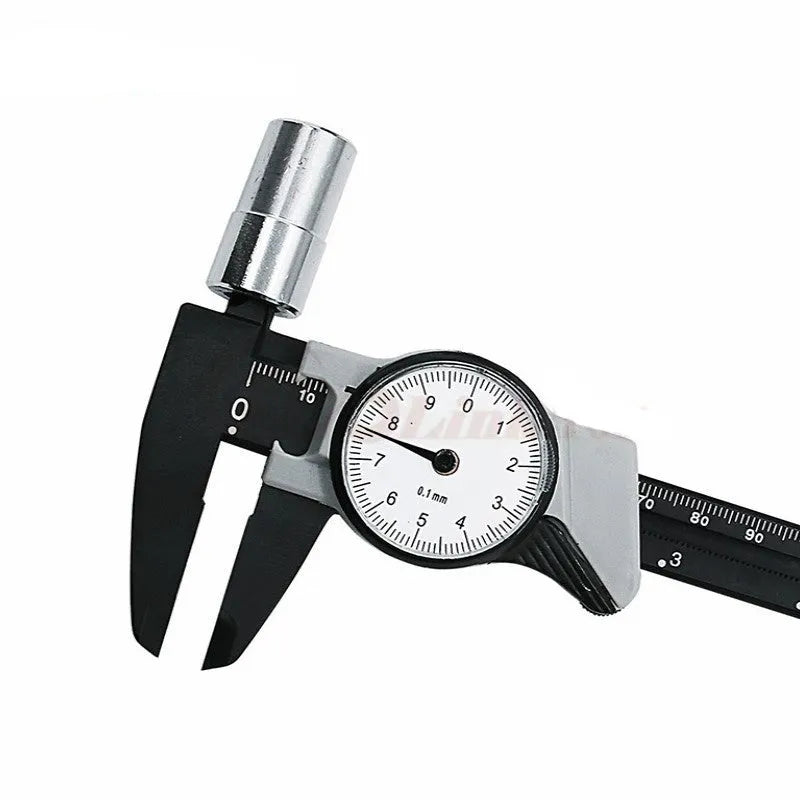 Plastic vernier caliper measuring tool showing 0-150mm range with black straightedge design
