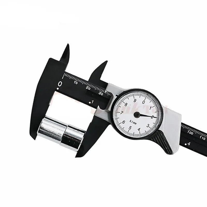 Plastic vernier caliper measuring tool showing 0-150mm range with black straightedge design