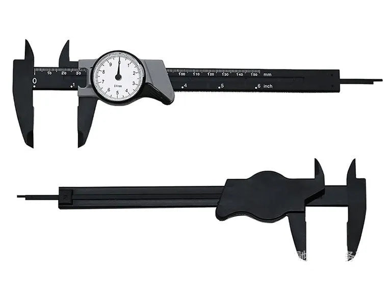 Plastic vernier caliper measuring tool showing 0-150mm range with black straightedge design